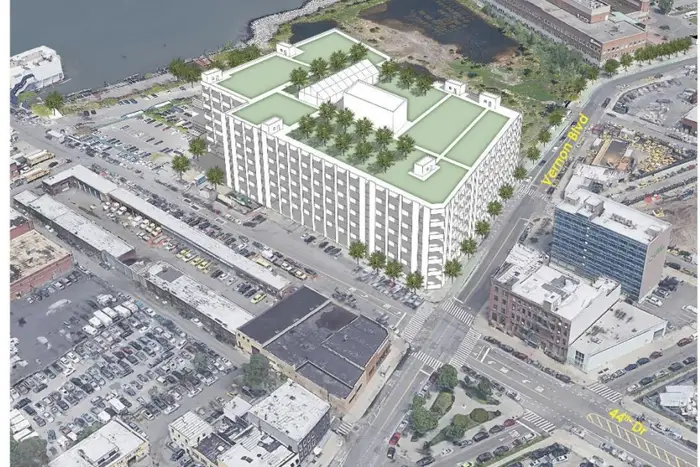 A rendering of a potential rooftop garden at a city-owned building in Queens.
